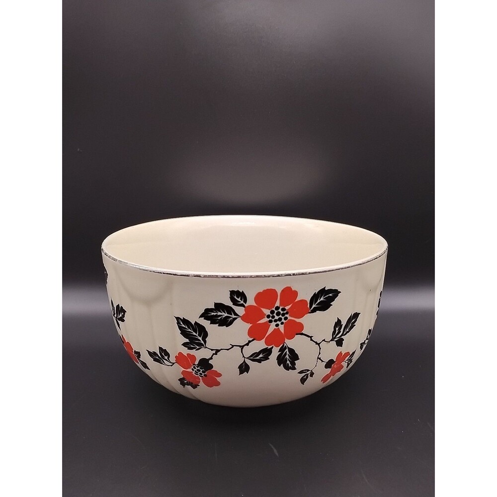Uranium Glazed Hall's Superior Kitchenware Red Poppy 6” Mix Bowl Platinum Edge